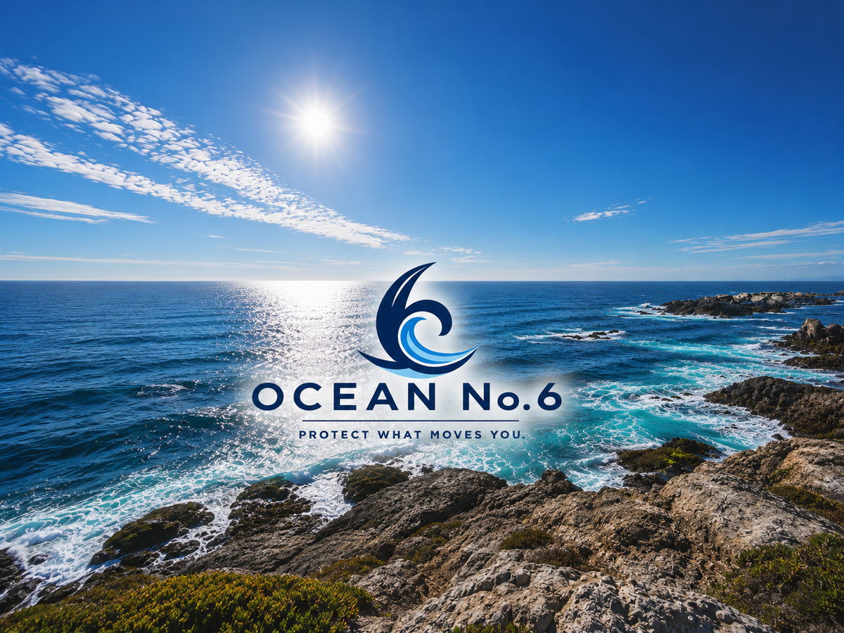 A scenic coastal landscape with blue ocean water, rocky shoreline, bright sun, and a large overlaid Ocean No. 6 logo and slogan in the center.